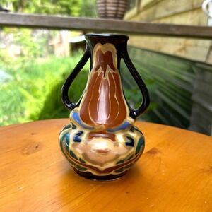 Vintage‎ Japanese Gouda Pottery Vase Hand Painted Art Nouveau Black Early 1900's
